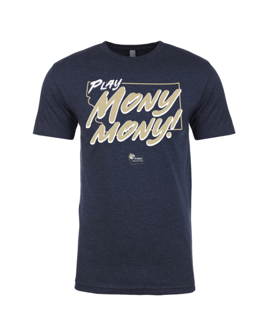A navy blue t-shirt with the words " pray money mony !" written in white.