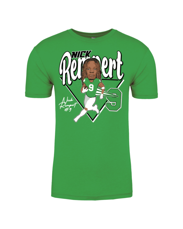 A green t-shirt with an image of nick relment