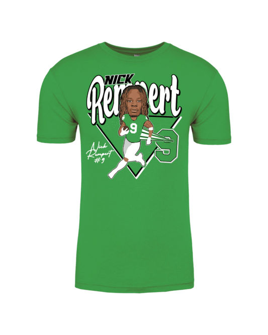 A green t-shirt with an image of nick relment