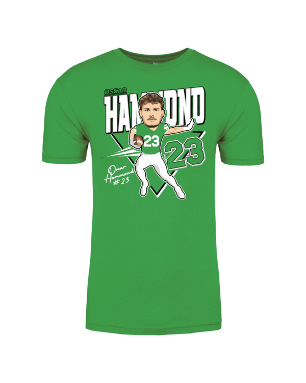 A green shirt with a picture of a baseball player.