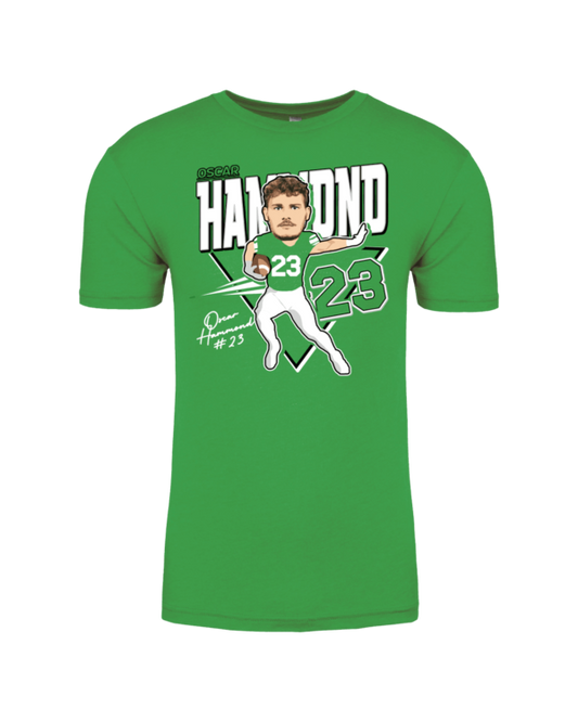 A green shirt with a picture of a baseball player.