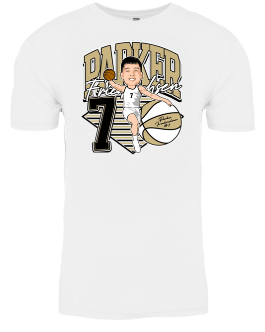 A white t-shirt with a caricature of a player.