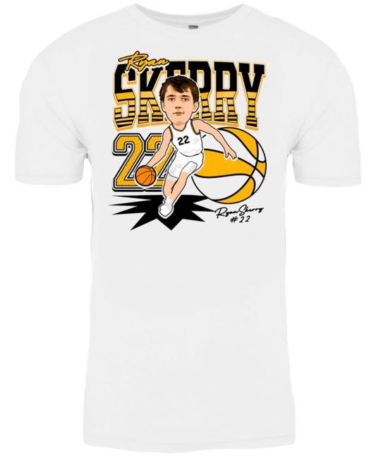 A white t-shirt with a caricature of the basketball player.