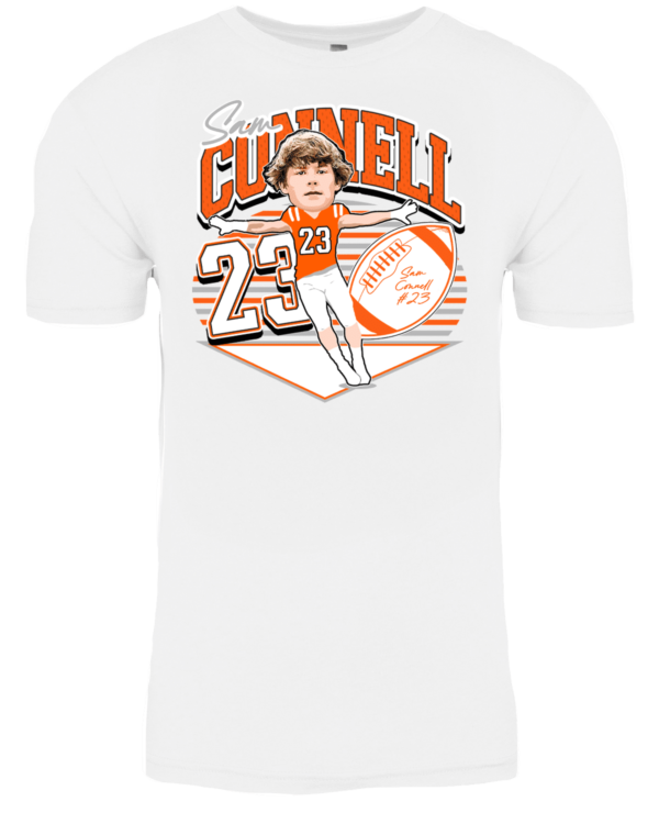 A white t-shirt with an image of a baseball player.