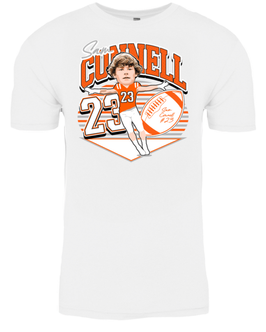 A white t-shirt with an image of a baseball player.