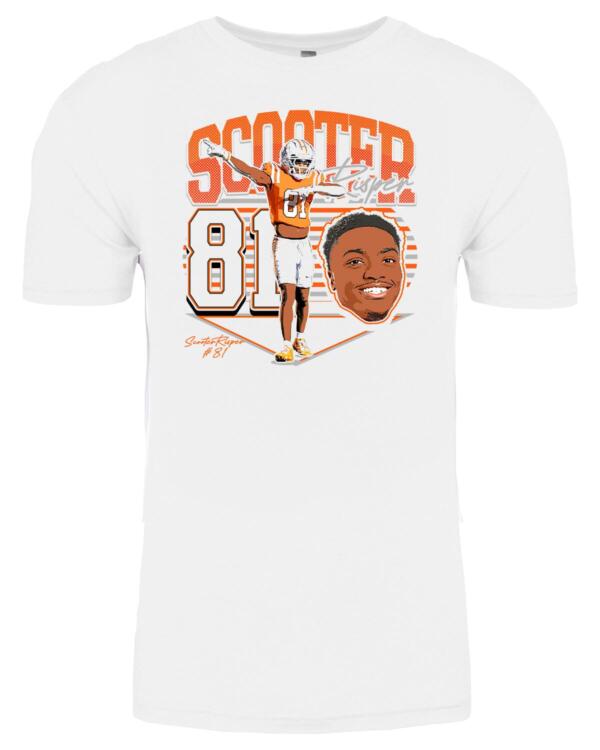 A white t-shirt with an image of a man holding a baseball bat.