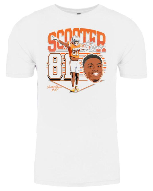 A white t-shirt with an image of a man holding a baseball bat.
