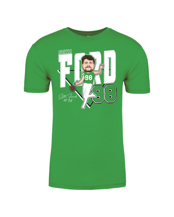 A green shirt with a caricature of a man holding an umbrella.