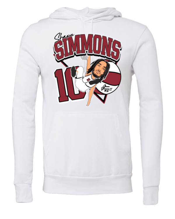 A white sweatshirt with the name simmons and an image of a person.