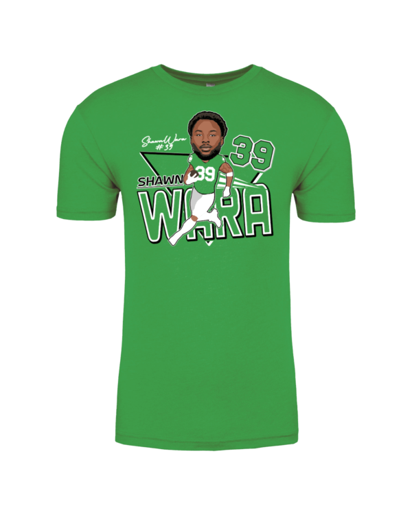 A green shirt with a picture of a man in the middle.