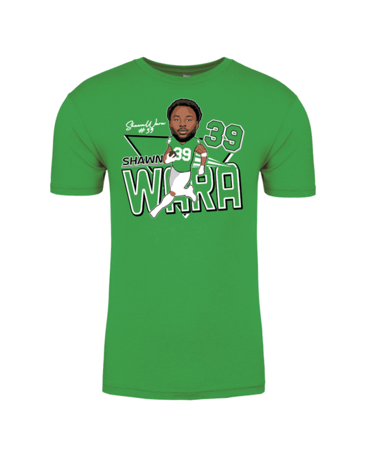 A green shirt with a picture of a man in the middle.