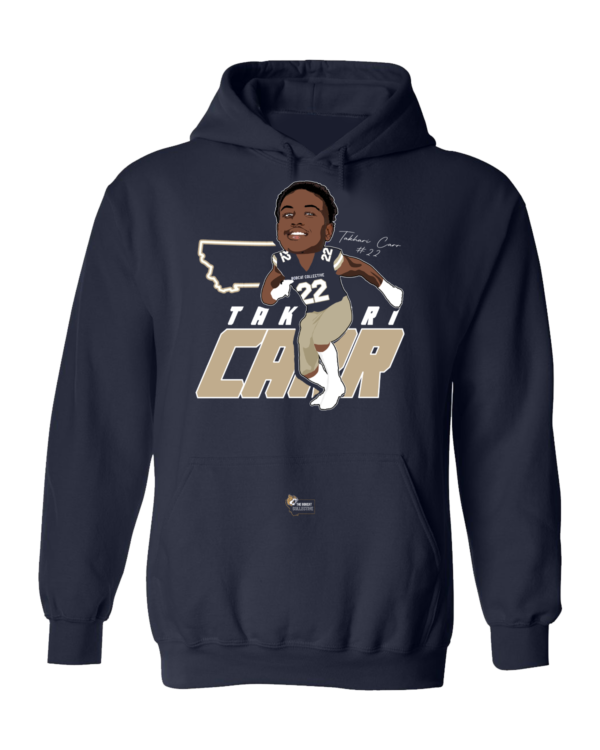 A navy blue hoodie with an illustration of a player.