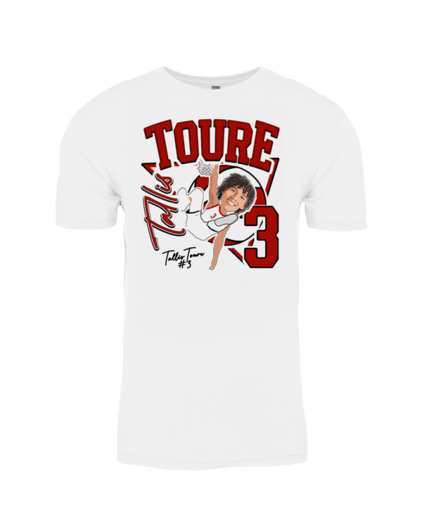 A white t-shirt with a picture of a baseball player.