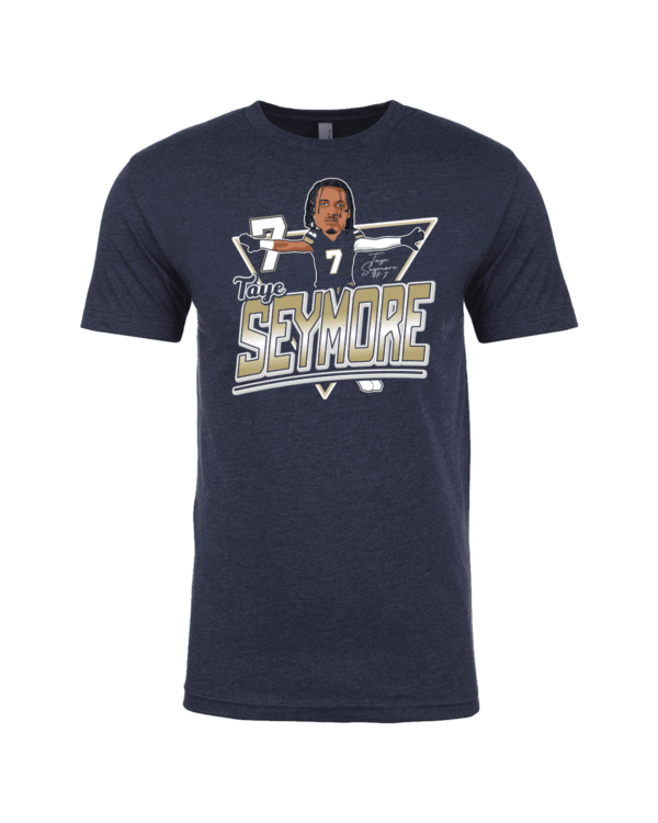 A navy blue t-shirt with an image of a man in a suit.