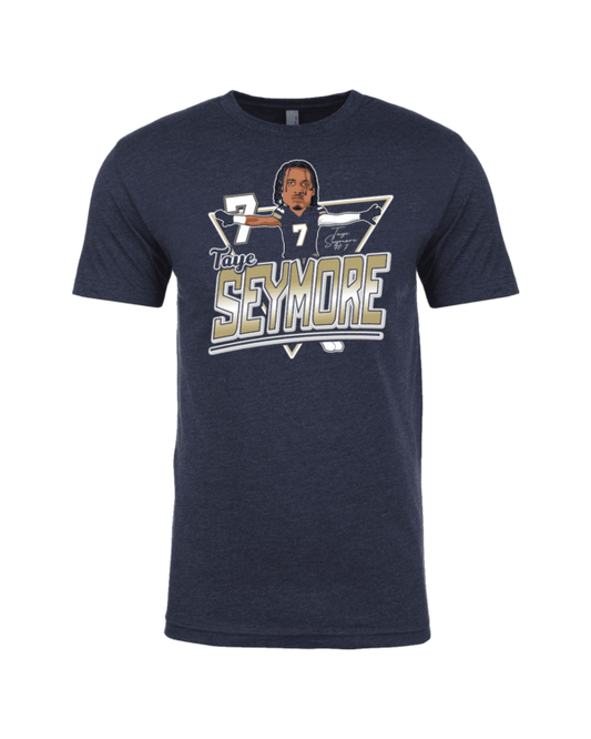 A navy blue t-shirt with an image of a man in a suit.