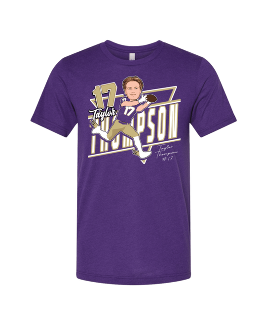 A purple t-shirt with an illustration of a person swinging a baseball bat.