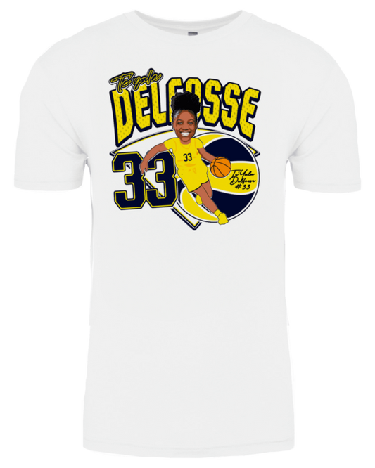 A white t-shirt with a picture of a basketball player.