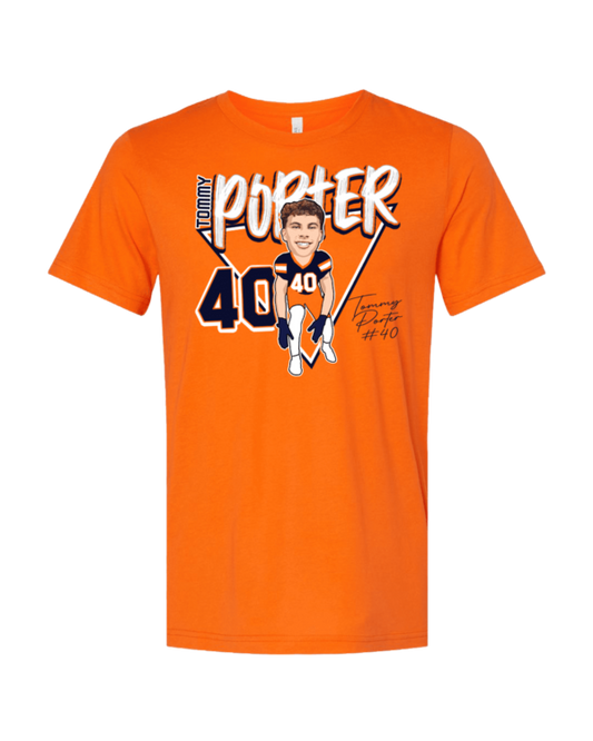 A picture of the front of an orange t-shirt.