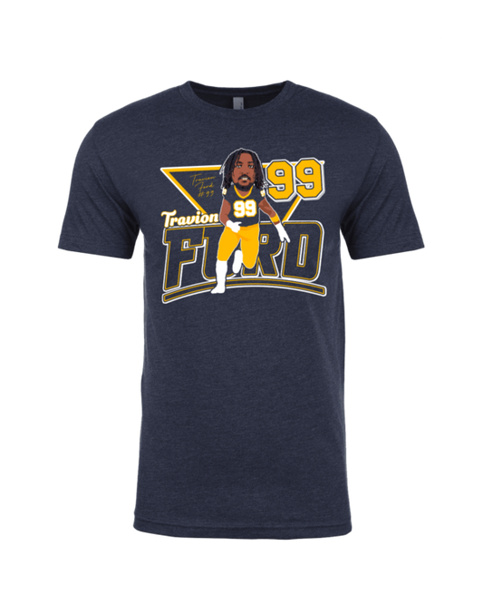 A navy blue t-shirt with an image of a man in yellow and white.