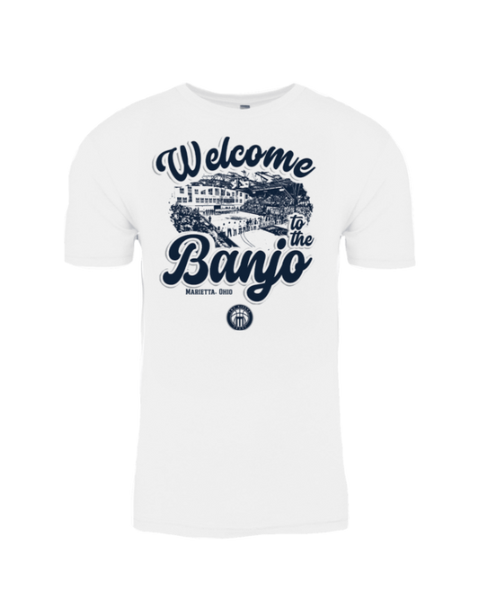 A white t-shirt with the words " welcome banjo ".