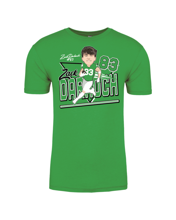 A green shirt with a picture of a baseball player.