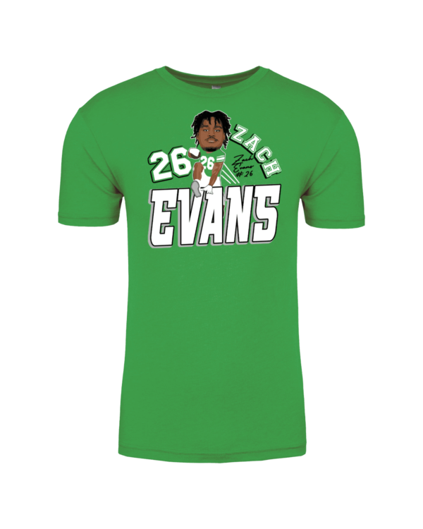 A green t-shirt with an image of a person in the middle.