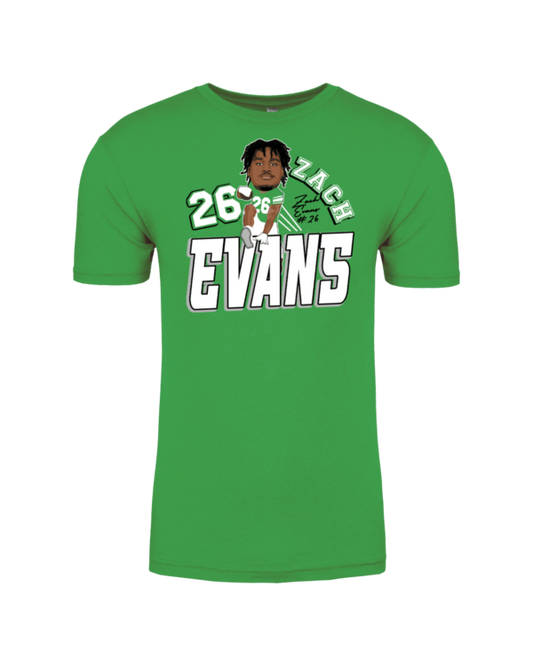 A green t-shirt with an image of a person in the middle.