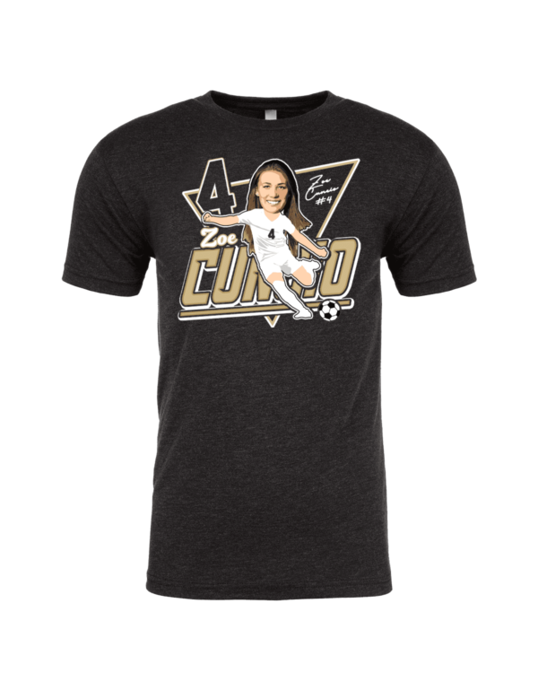A black t-shirt with a picture of a woman in a baseball uniform.